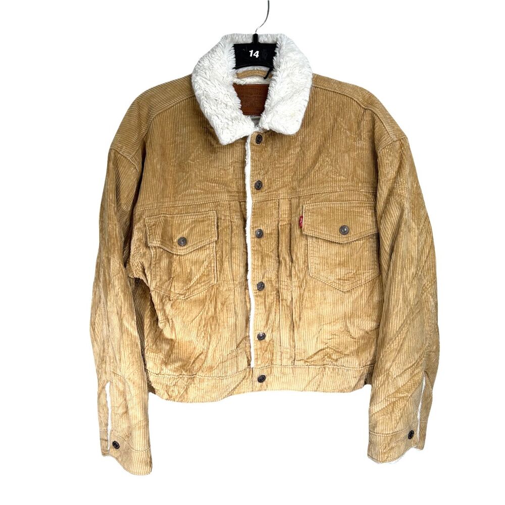 Levi's Premium Sherpa Trucker Jacket Unisex Med Tan Corduroy Fleece Lined Snap
